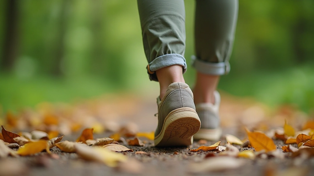 Close-up van voeten die stappen nemen op een groen wandelpad met natuurlijke bladeren