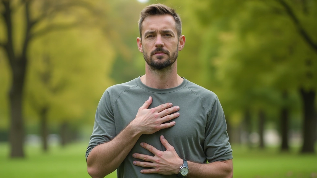 Persoon die in een park staat met hand op borst, demonstrerend bewuste ademhaling