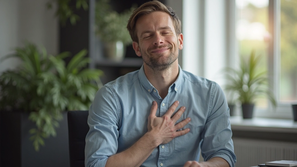 Man in rustige houding aan bureau die diep ademt