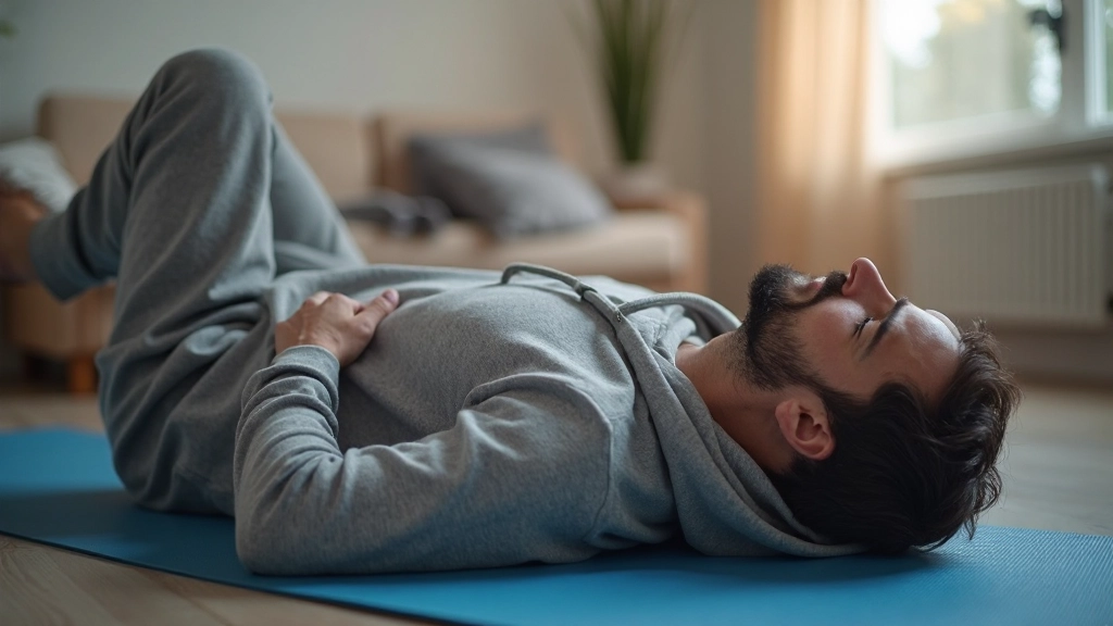 Man liggend op rug op donkerblauwe mat met ogen dicht in volkomen rust