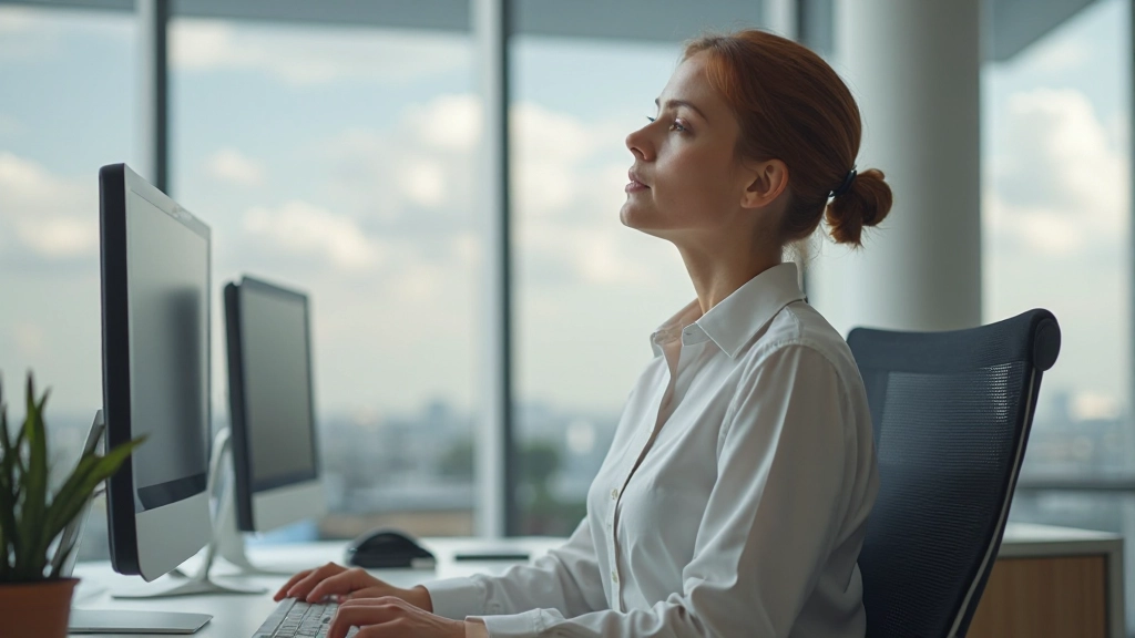Persoon die buikademhaling doet op het werk, discreet aan hun bureau