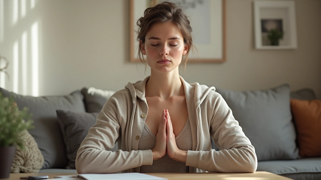 Persoon in thuisomgeving die ademhalingsoefeningen doet met ontspannen gezicht