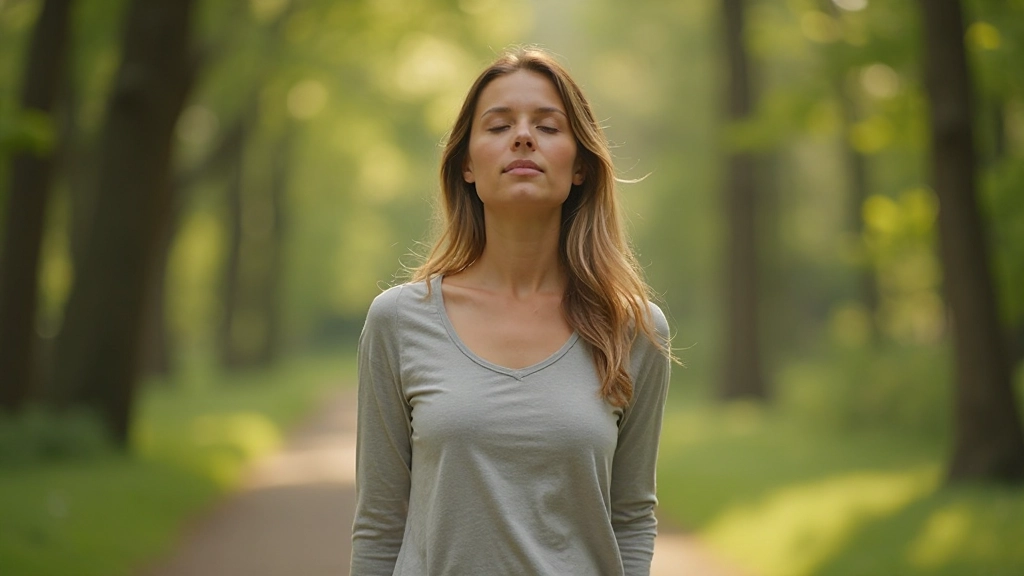 Vrouw die in het park loopt met een vredige uitdrukking en aangename houding